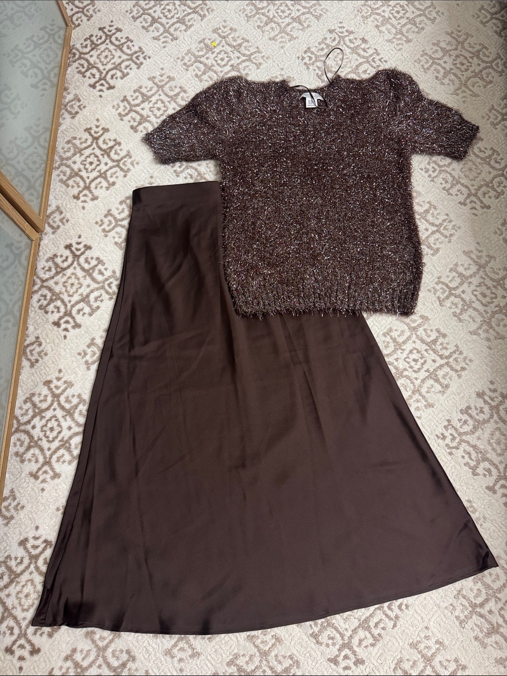 Rachel Zoe Brown Two-Piece Skirt Set - Textured Short Sleeve Top & A-Line Skirt